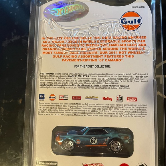 HOT WHEELS RLC GULF '67 CAMARO #0413/4500 — VERY LOW NUMBER — BLUE, MINT IN CASE - Picture 3 of 6